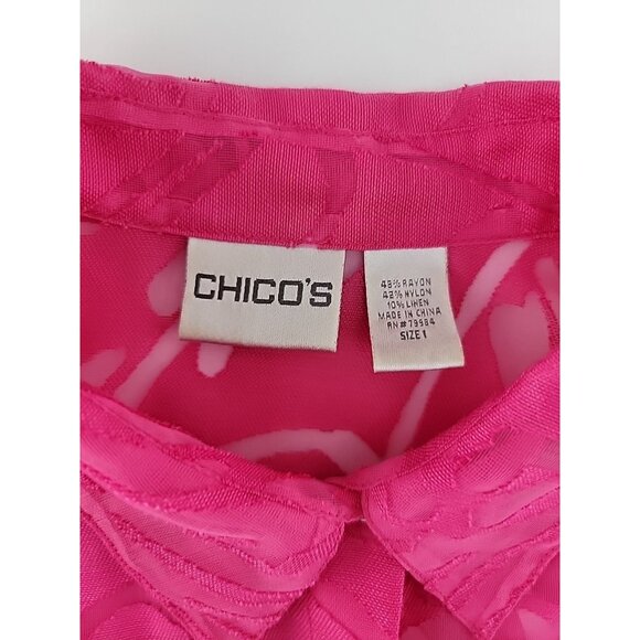 Chico’s Size 1 (M/8) Pink Button Front Sheer Blouse LS Floral Burnout Shirt - Picture 9 of 11